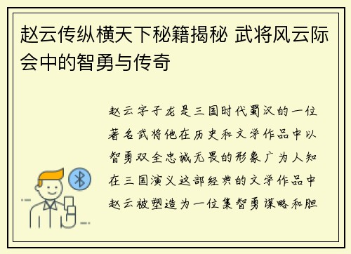 赵云传纵横天下秘籍揭秘 武将风云际会中的智勇与传奇