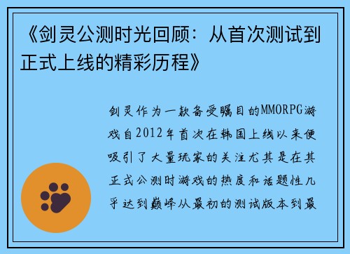 《剑灵公测时光回顾：从首次测试到正式上线的精彩历程》