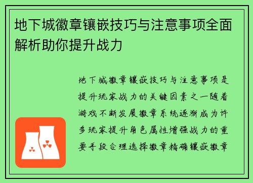 地下城徽章镶嵌技巧与注意事项全面解析助你提升战力