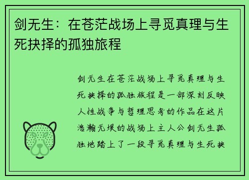 剑无生：在苍茫战场上寻觅真理与生死抉择的孤独旅程
