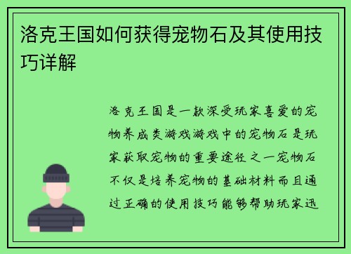洛克王国如何获得宠物石及其使用技巧详解